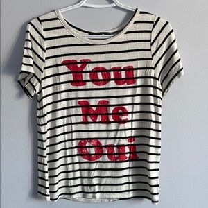 Sunset & Rose Black and White Striped T-Shirt with Red Text